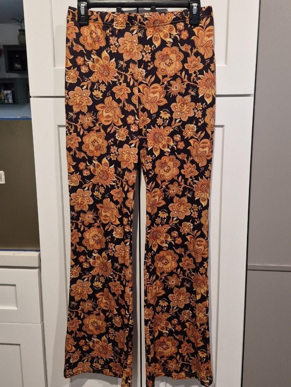 SHEIN Black Wide-Leg Pants with Orange Floral Print